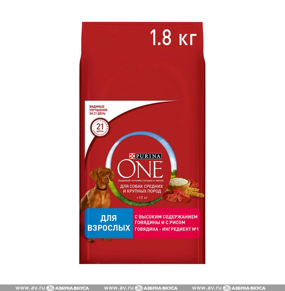 

Корм сухой для собак Purina ONE с высоким содержанием говядины и с рисом, для взрослых собак средних и крупных пород Россия 1.8кг Италия