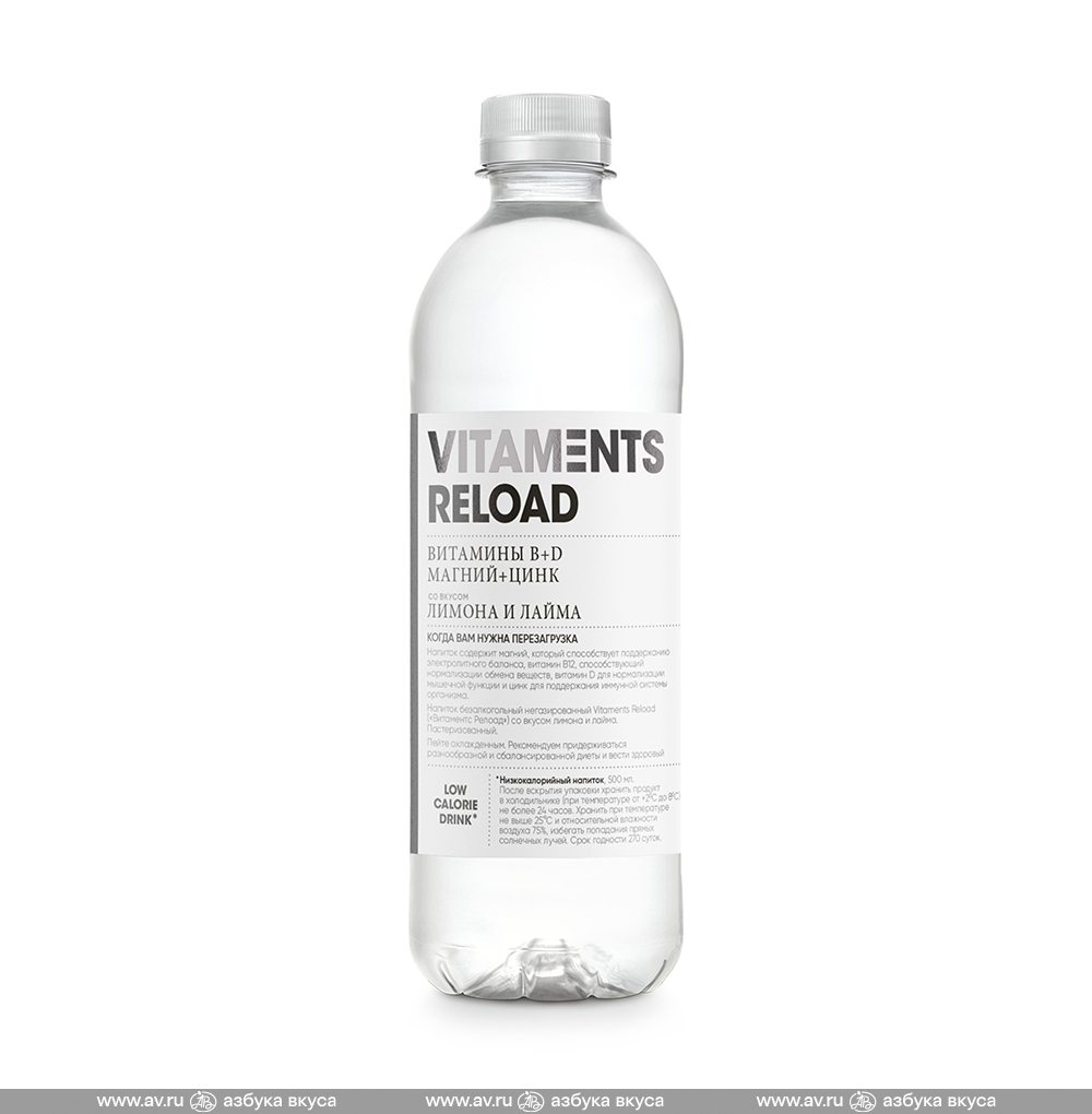 Изображение товара Напиток безалкогольный негазированный Reload со вкусом лимона и лайма, Vitaments, 0.5 л, Россия