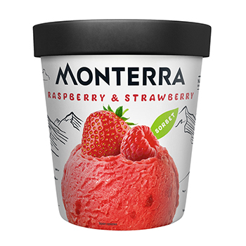 Изображение товара Десерт взбитый замороженный Sorbet Raspberry & Strawberry малиновый с кусочками клубники, Monterra, 480 мл, Россия