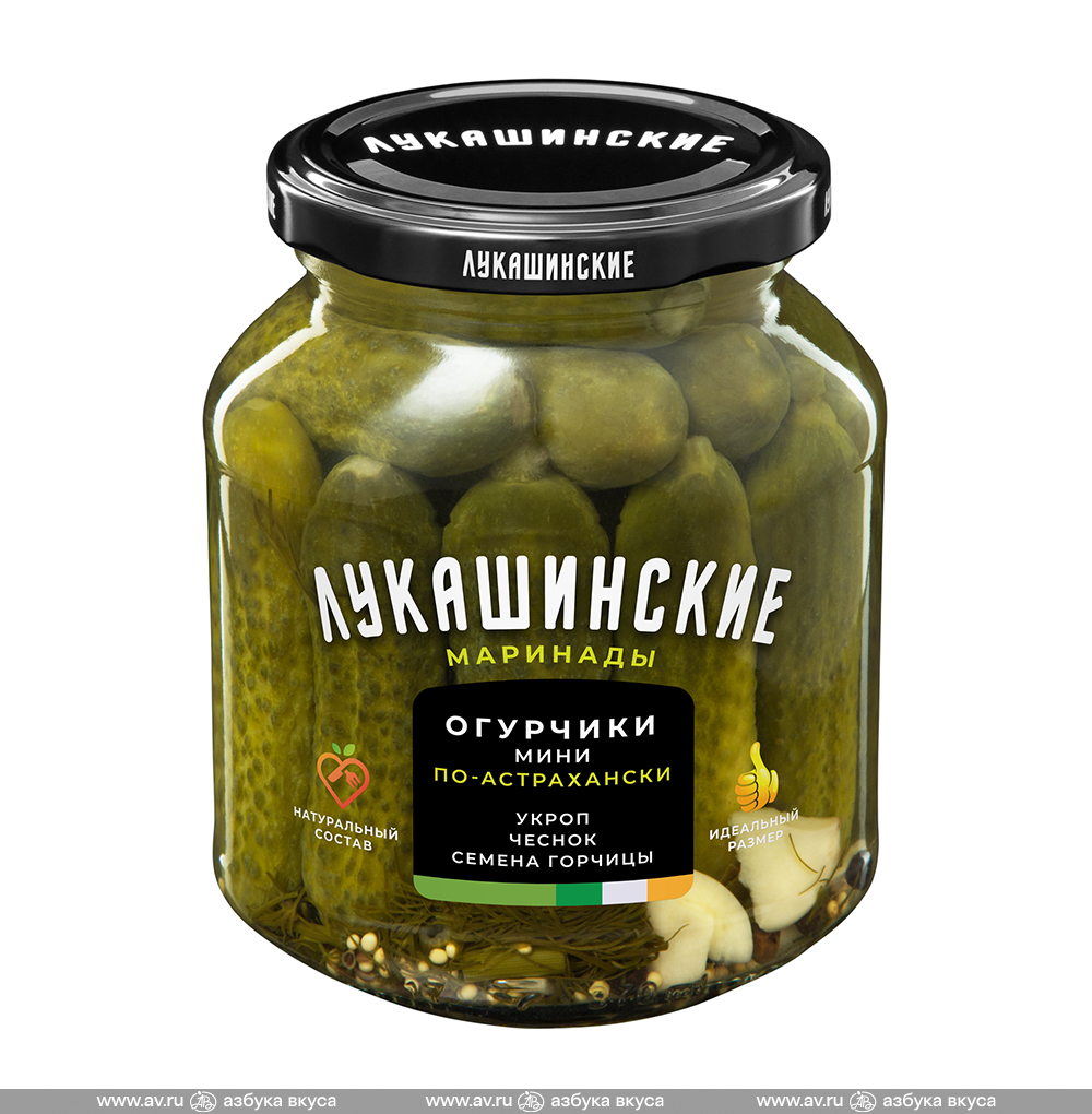 Изображение товара Огурцы мини, маринованные по-астрахански с пряной зеленью, «Лукашинские», 340 г, Россия Изображение товара Огурцы мини, маринованные по-астрахански с пряной зеленью, «Лукашинские», 340 г, Россия