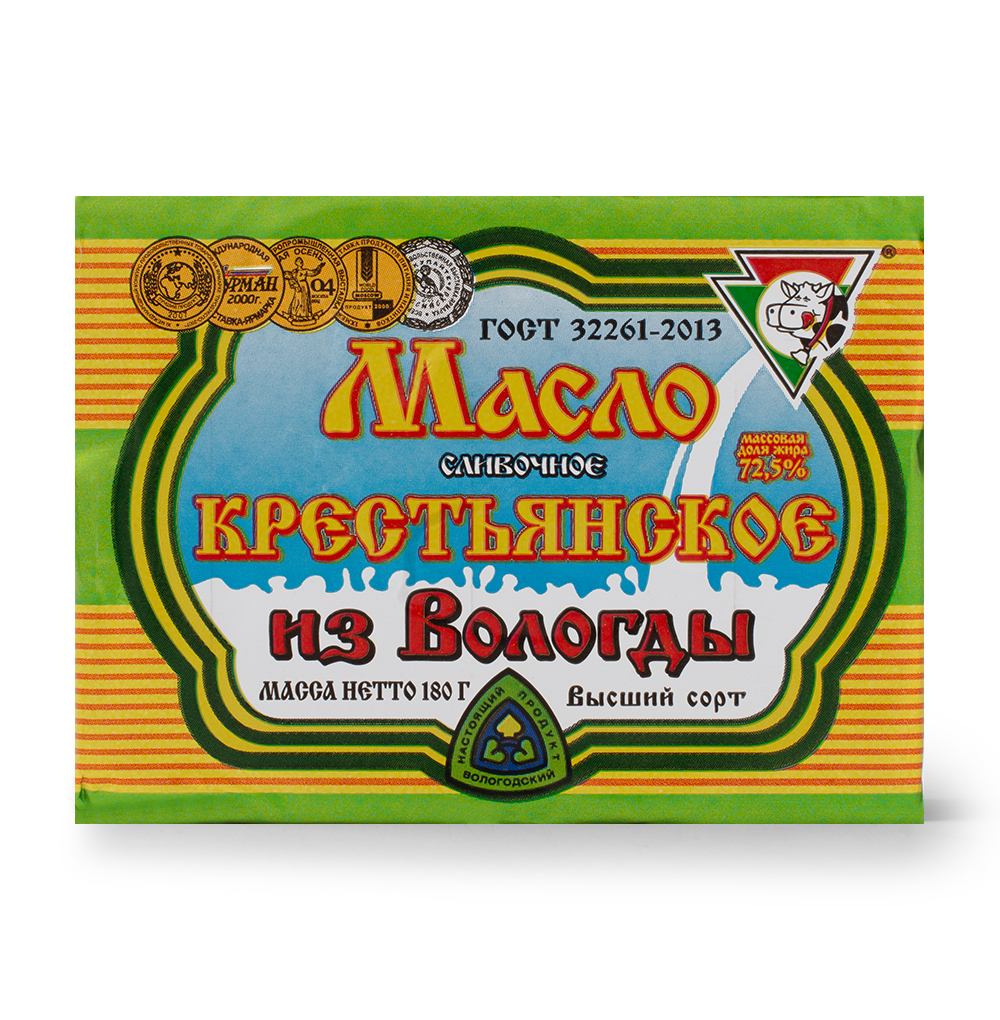 Изображение товара Масло сливочное «Крестьянское» 72.5%, «из Вологды», 180 г, Россия, БЗМЖ Изображение товара Масло сливочное «Крестьянское» 72.5%, «из Вологды», 180 г, Россия, БЗМЖ
