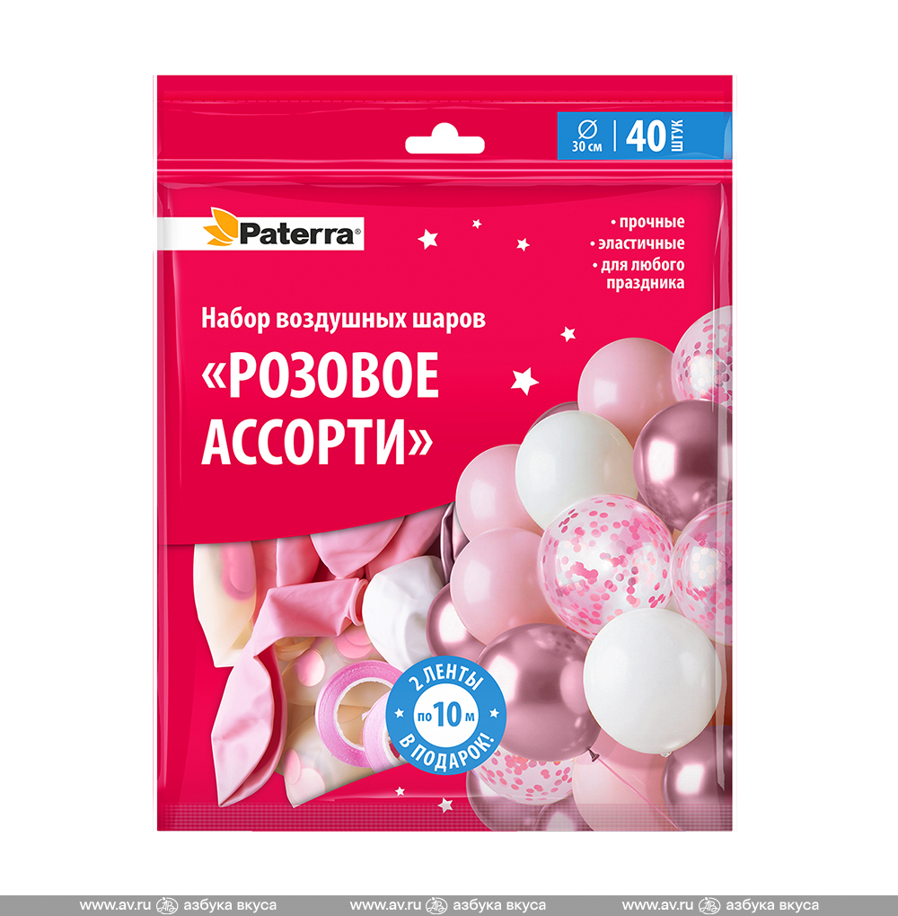 Изображение товара Набор воздушных шаров Розовое ассорти, Paterra, 40 шт + 2 ленты, 1 шт., Китай