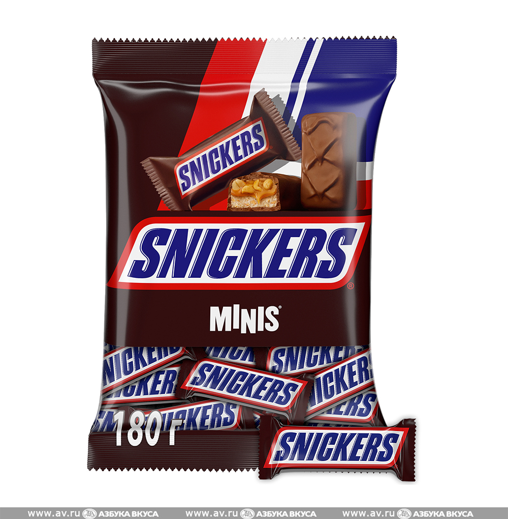 Изображение товара Шоколадные батончики «Минис», Snickers, 180 г, пакет Россия