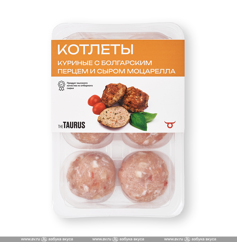 Изображение товара Котлеты куриные с болгарским перцем и сыром Моцарелла, Taurus, 360 г, Россия Изображение товара Котлеты куриные с болгарским перцем и сыром Моцарелла, Taurus, 360 г, Россия