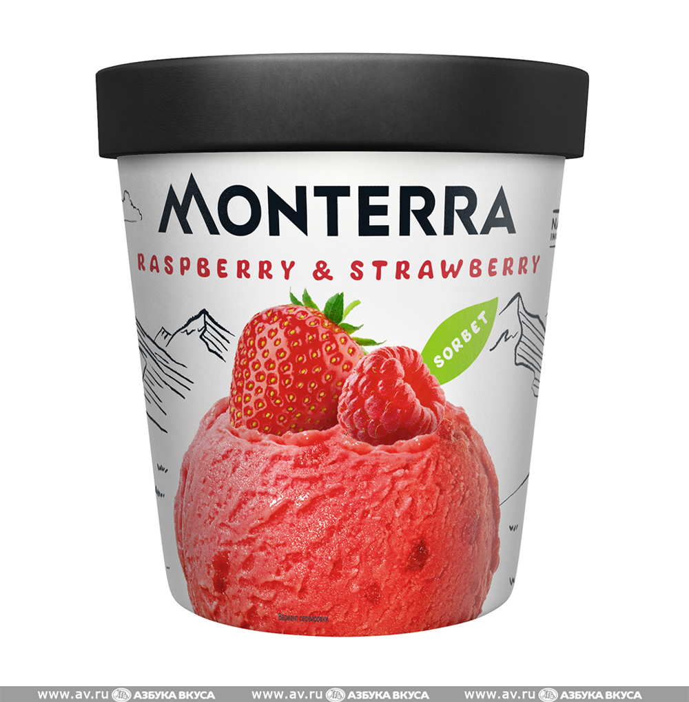 Изображение товара Десерт взбитый замороженный Sorbet Raspberry & Strawberry малиновый с кусочками клубники, Monterra, 480 мл, Россия Изображение товара Десерт взбитый замороженный Sorbet Raspberry & Strawberry малиновый с кусочками клубники, Monterra, 480 мл, Россия
