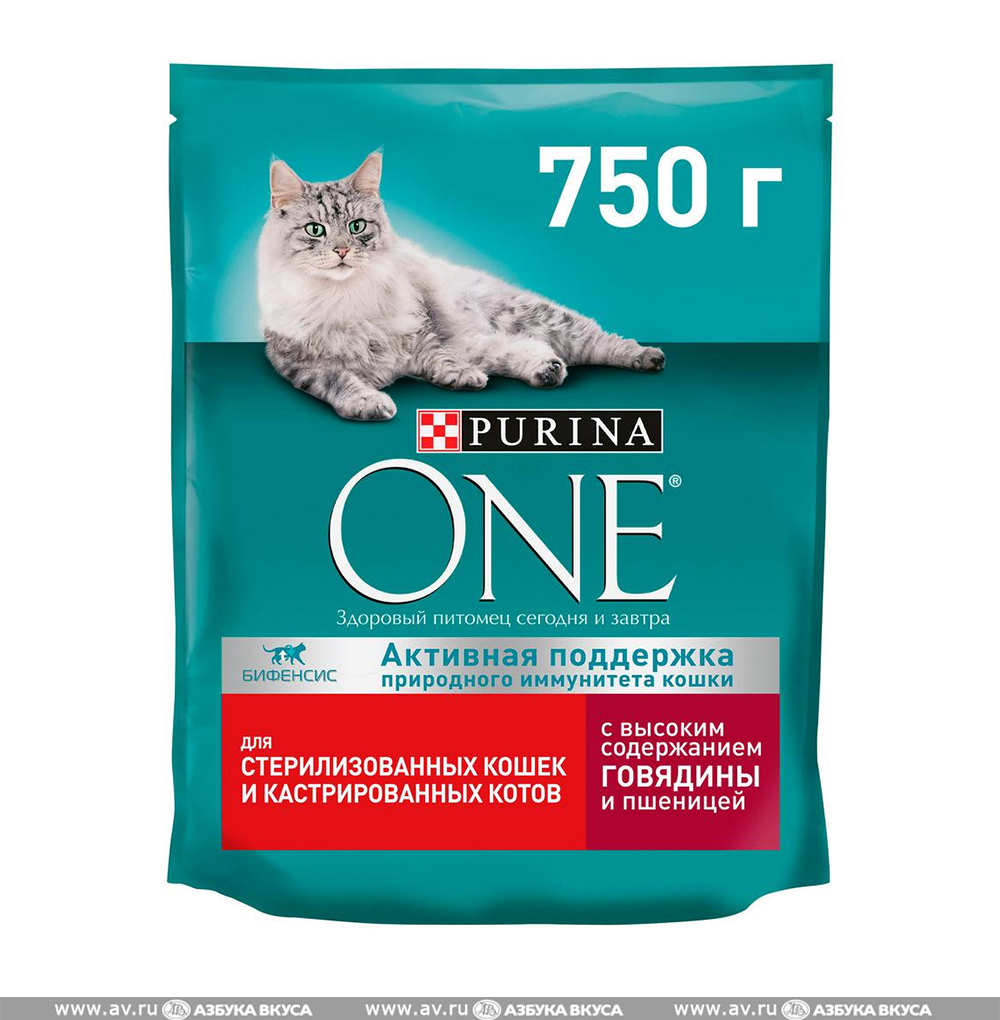 Изображение товара Корм сухой Purina One для стерилизованных кошек и кастрированных котов с говядиной и пшеницей 750г Россия Изображение товара Корм сухой Purina One для стерилизованных кошек и кастрированных котов с говядиной и пшеницей 750г Россия