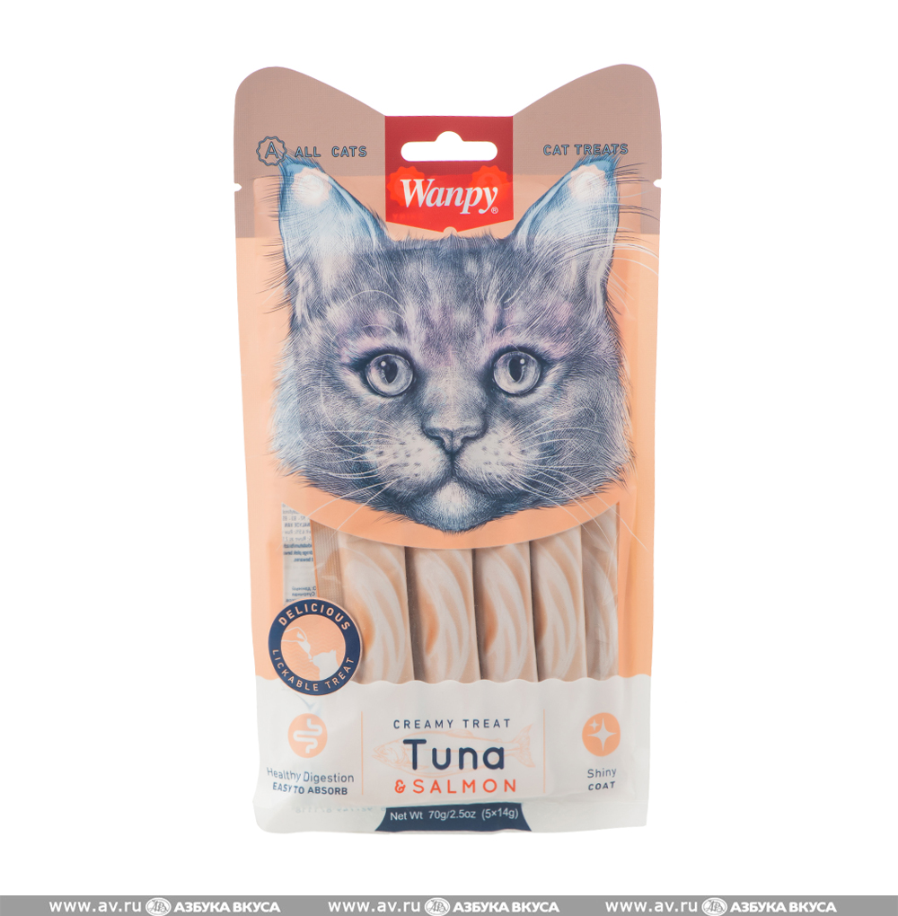 Изображение товара Лакомство для кошек Wanpy нежное пюре из тунца и лосося 70 г, Китай Изображение товара Лакомство для кошек Wanpy нежное пюре из тунца и лосося 70 г, Китай