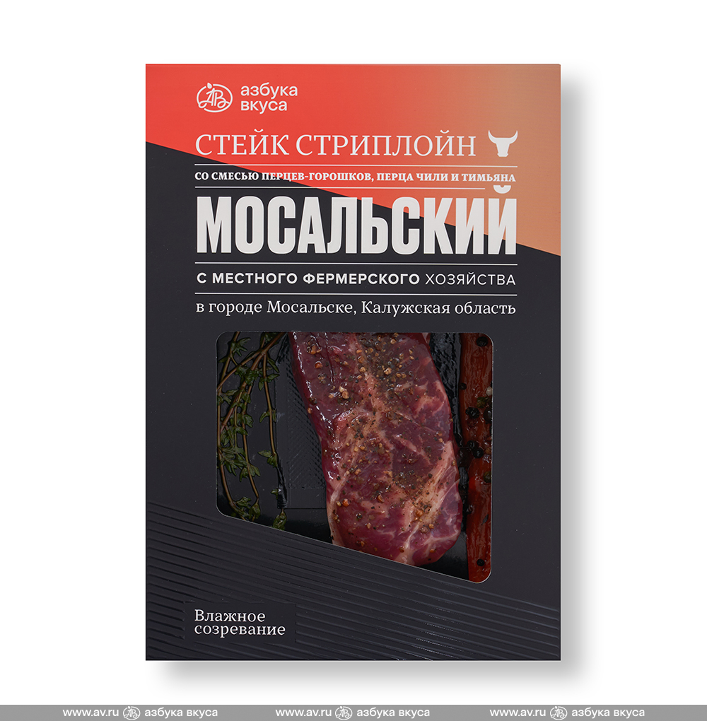Изображение товара Стейк стриплойн из говядины с декором из смеси перцев горошком, перца чили и тимьяна, «Мосальский», Россия Изображение товара Стейк стриплойн из говядины с декором из смеси перцев горошком, перца чили и тимьяна, «Мосальский», Россия