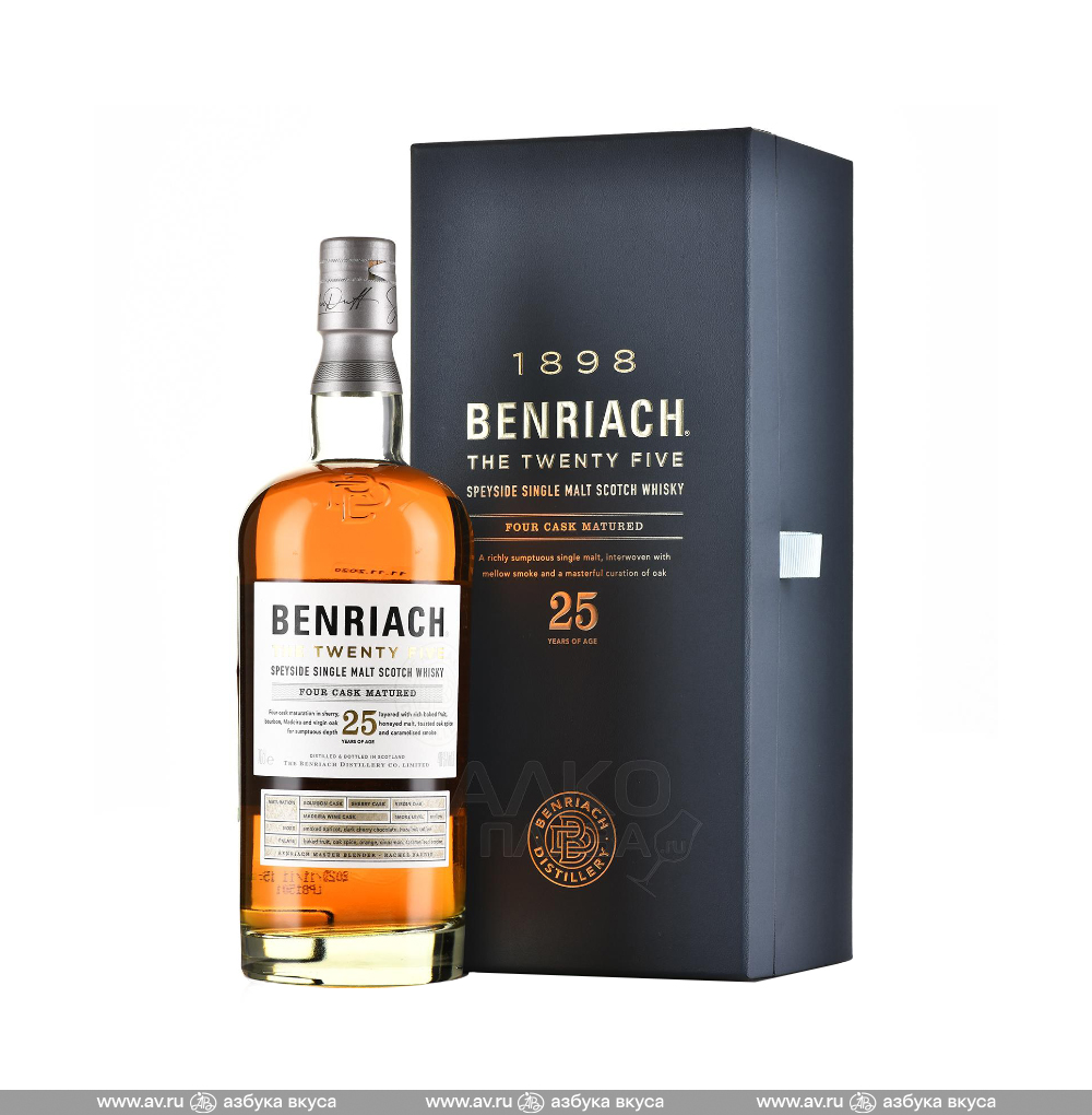 Изображение товара Виски шотландский Benriach Speyside Single Malt Four Cask Matured 25 YO 46%, 0.7 L, п/у Изображение товара Виски шотландский Benriach Speyside Single Malt Four Cask Matured 25 YO 46%, 0.7 L, п/у