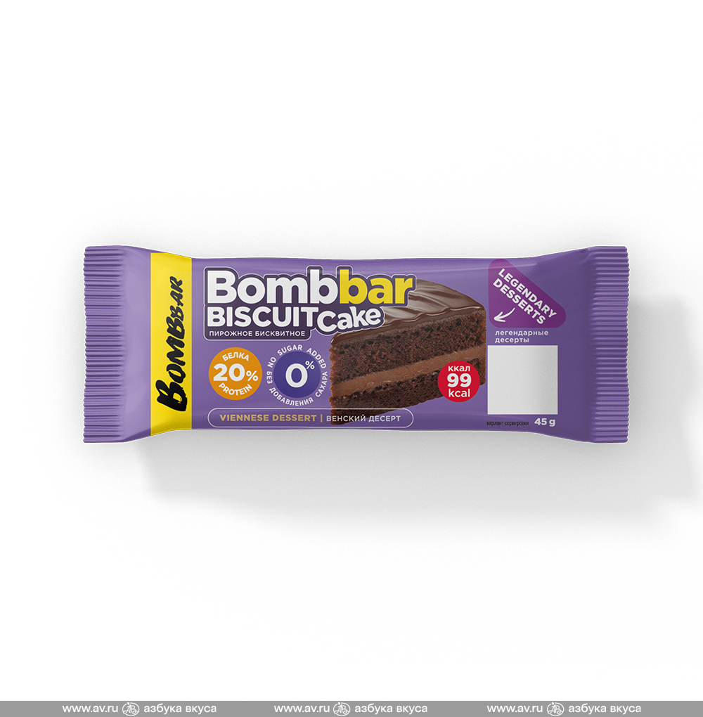 Изображение товара Пирожное протеиновое Biscuit Cake «Венский десерт» (без сахара), Bombbar, 45 г, Россия