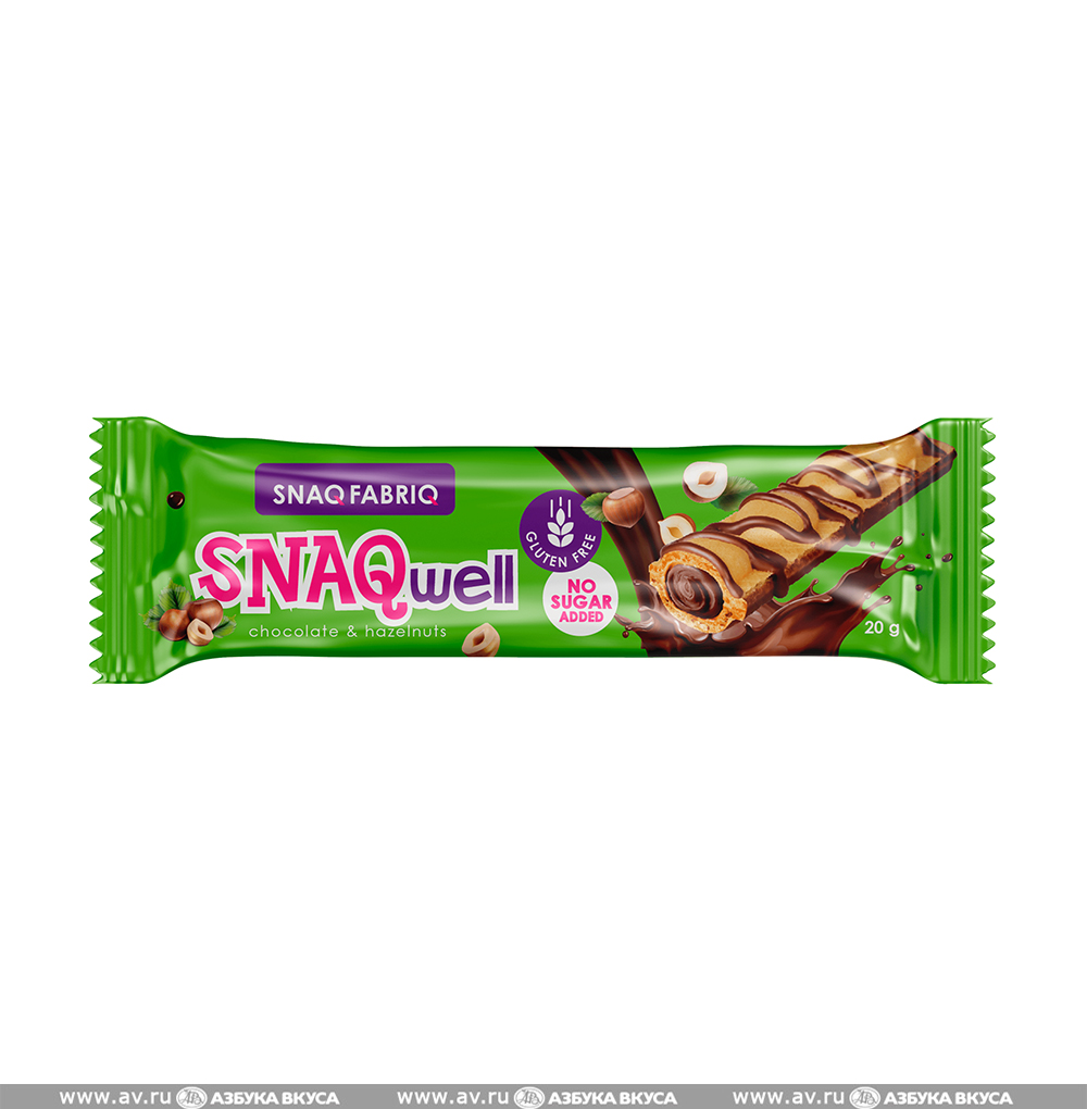 Изображение товара Батончик вафельный SNAQwell с шоколадно-ореховой пастой (без сахара), Snaqfabriq, 20 г, Россия