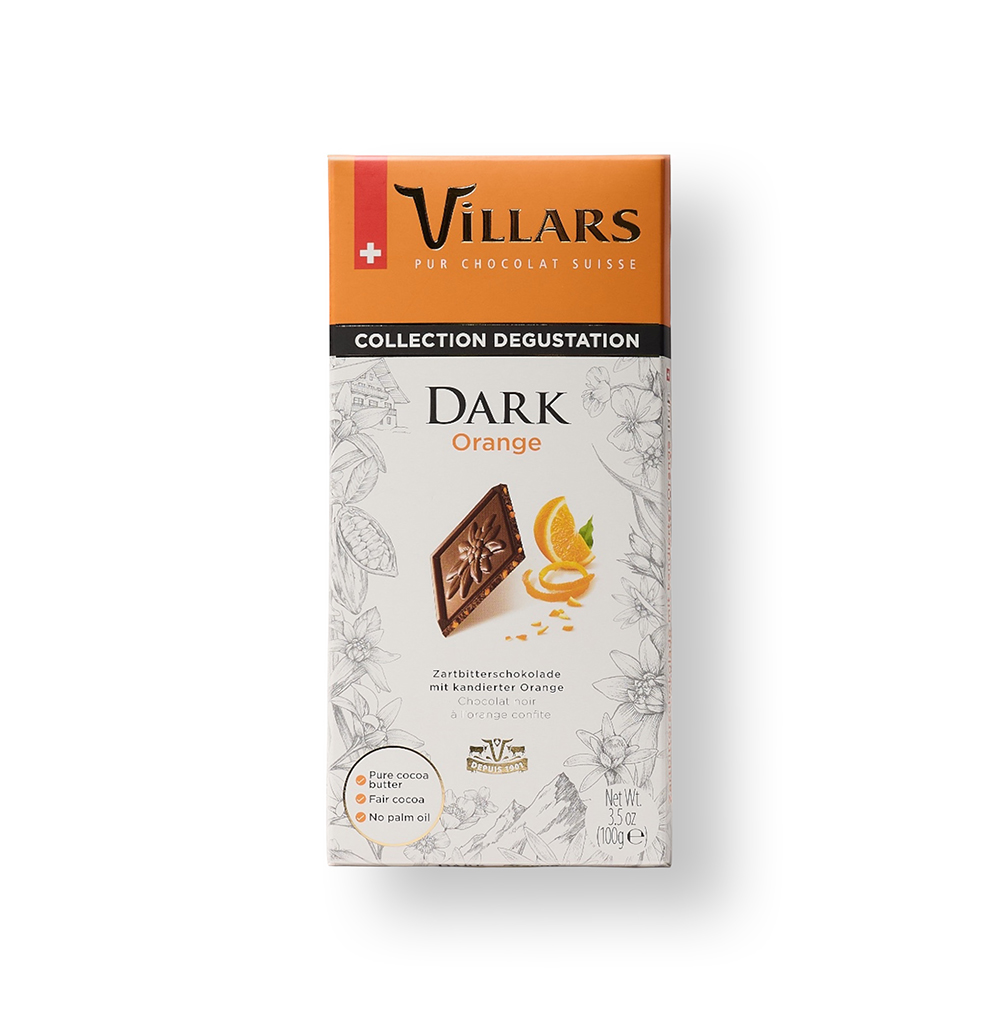 Изображение товара Шоколад горький с апельсиновыми цукатами, Villars, 100 г, Швейцария