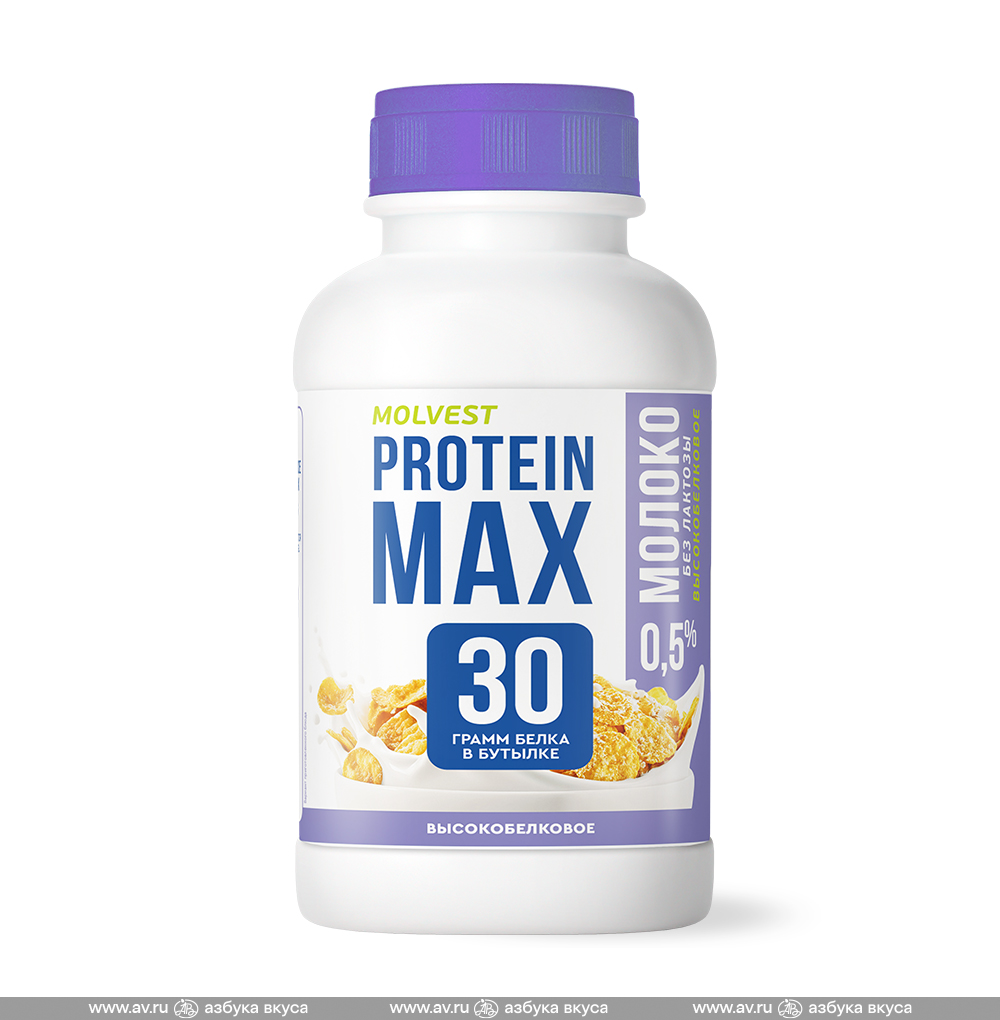 Изображение товара Молоко Protein Maх ультрапастеризованное с высоким содержанием белка безлактозное 0.5%, Molvest, 450 мл, Россия, БЗМЖ
