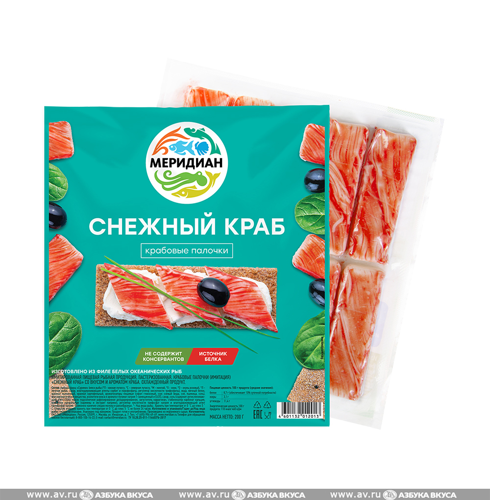 Изображение товара Крабовые палочки (имитация) «Снежный краб», «Меридиан», 200 г, Россия Изображение товара Крабовые палочки (имитация) «Снежный краб», «Меридиан», 200 г, Россия