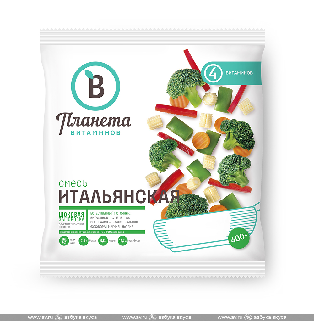 Изображение товара Смесь овощная «Итальянская» замороженная, «Планета витаминов», 400 г, Россия Изображение товара Смесь овощная «Итальянская» замороженная, «Планета витаминов», 400 г, Россия