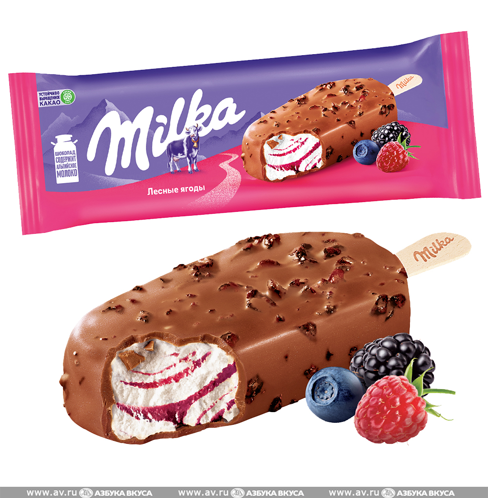 Изображение товара Мороженое эскимо «Лесные ягоды», Milka, 64 г, Россия, БЗМЖ