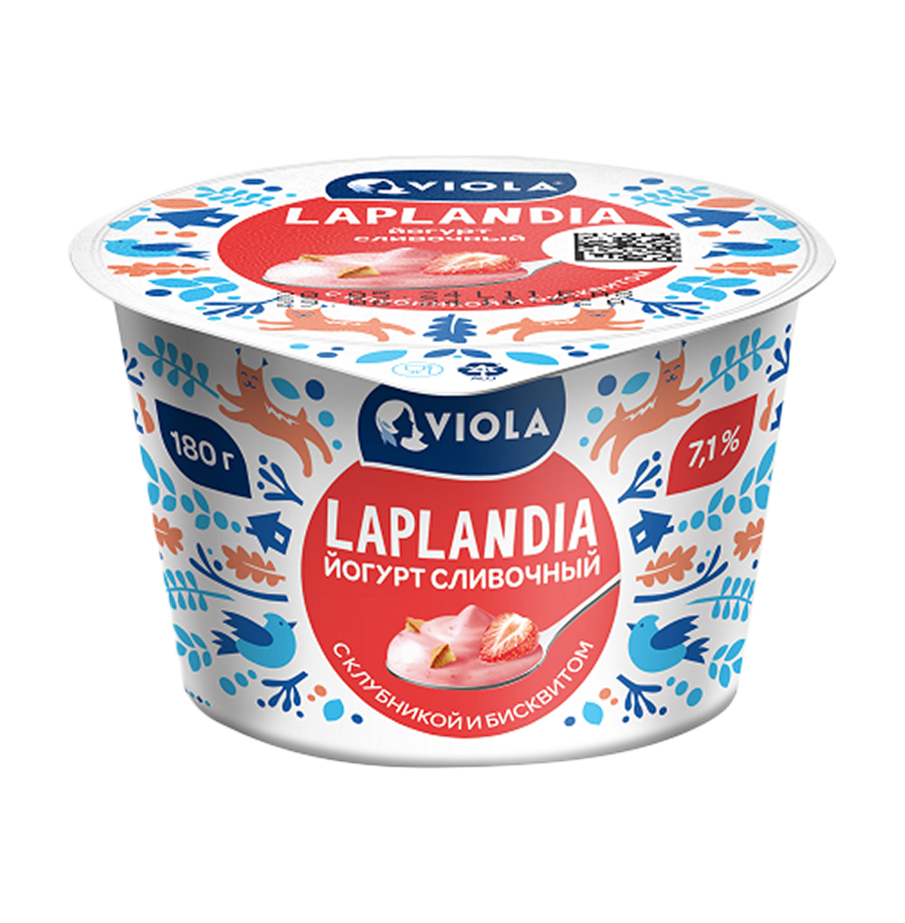 Изображение товара Йогурт cливочный Laplandia с клубникой и бисквитом 7.1%, Viola, 180 г, Россия, БЗМЖ Изображение товара Йогурт cливочный Laplandia с клубникой и бисквитом 7.1%, Viola, 180 г, Россия, БЗМЖ