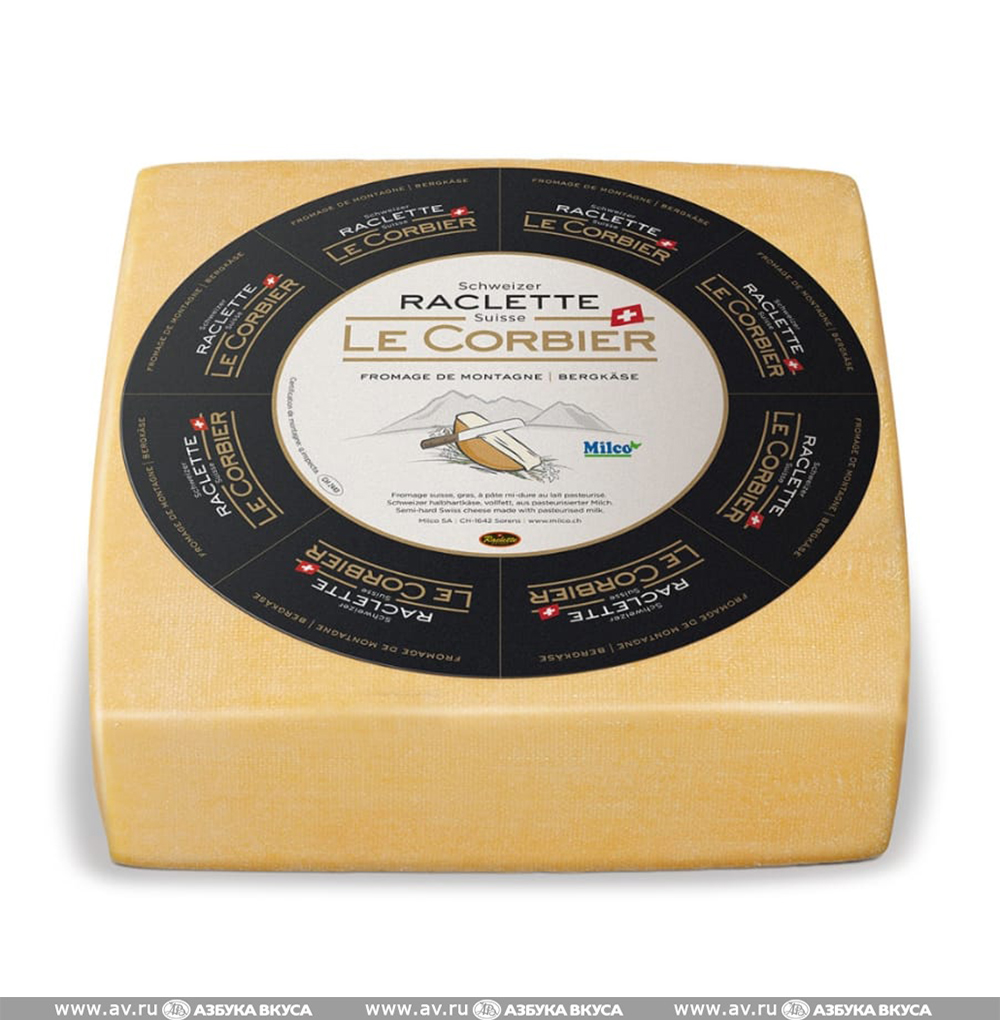 Изображение товара Cыр полутвердый Raclette le corbier выдержка 6 мес. 48%, «Milco», Швейцария БЗМЖ Изображение товара Cыр полутвердый Raclette le corbier выдержка 6 мес. 48%, «Milco», Швейцария БЗМЖ