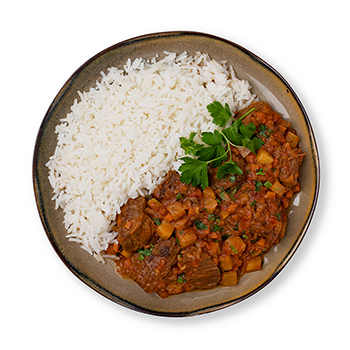 Изображение товара Говядина, тушённая в томатном соусе, с рисом, «Азбука вкуса», 290 г, Россия