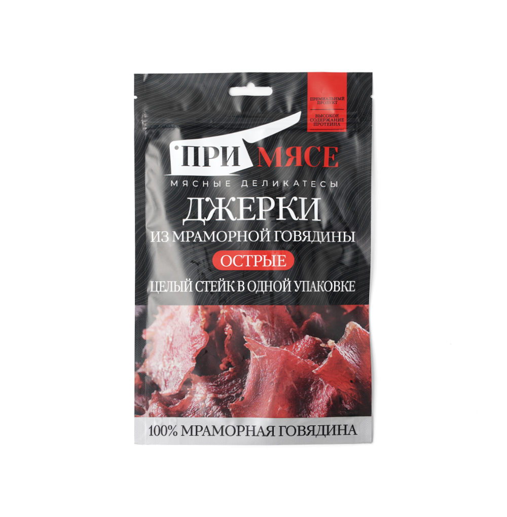 Изображение товара Снэки Джерки сыровяленые из мраморной говядины острые, «ПриМясе», Россия