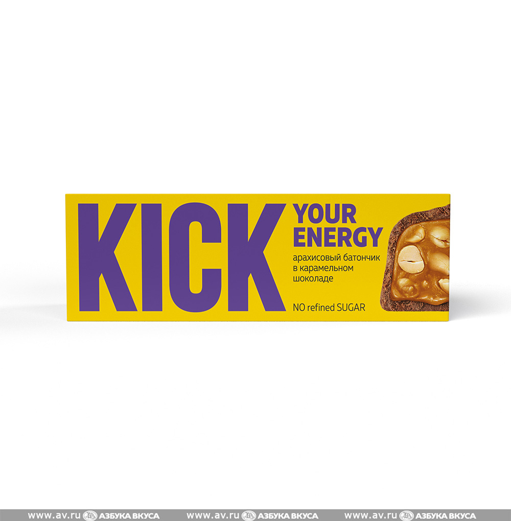 Изображение товара Батончик арахисовый в карамельном шоколаде, KICK Your Energy, 45 г, Россия Изображение товара Батончик арахисовый в карамельном шоколаде, KICK Your Energy, 45 г, Россия