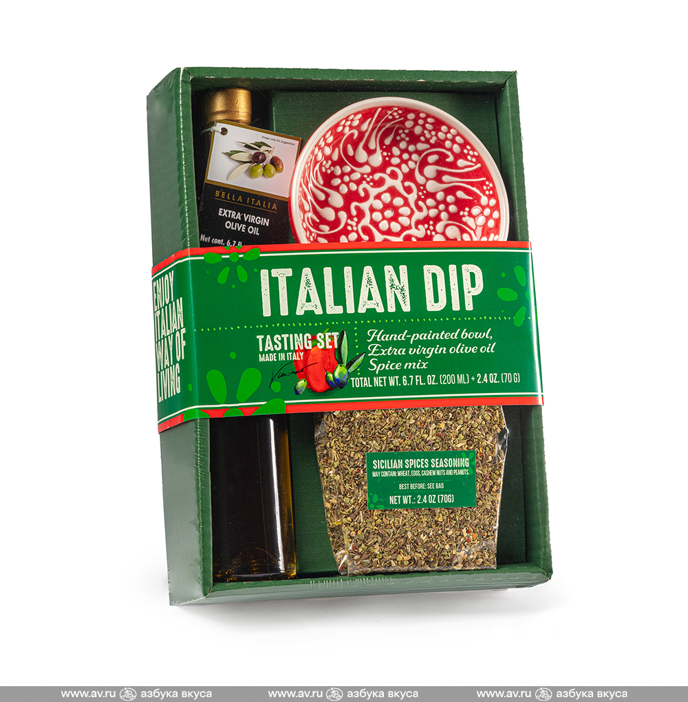 Изображение товара Подарочный набор Italian Dip: тарелка керамическая, масло, специи по-сицилийски, Antico Pastificio Umbro, 270 г, Италия