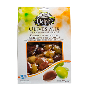 Изображение товара Оливки и маслины «каламата» с косточкой, маринованные с оливковковым маслом, Delphi, 250 г, Греция