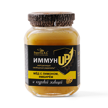 Изображение товара Мёд «Берестов А.С.», «ИммунUP», натуральный, с лимоном, имбирём и кедровой живицей, 200 г, ст/б, Россия