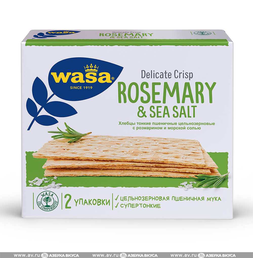 Изображение товара Хлебцы WASA тонкие пшеничные цельнозерновые с розмарином и морской солью, 190 г, Германия