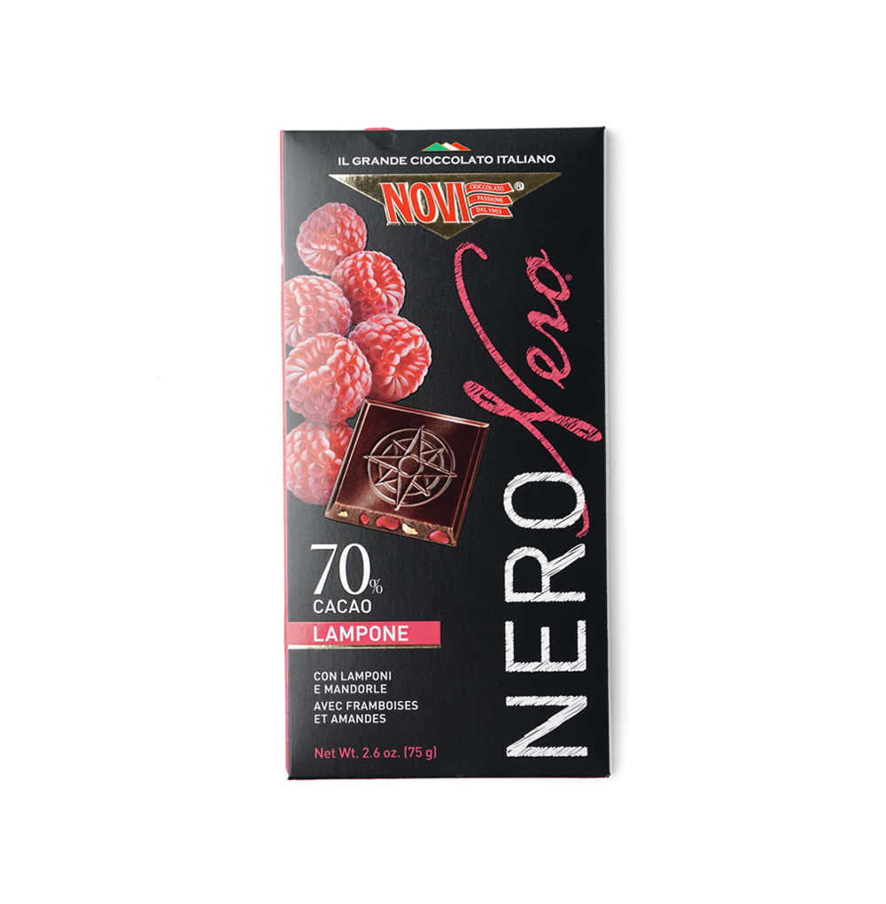 Изображение товара Шоколад горький Nero c малиной и миндалём, Novi, 75 г, Италия