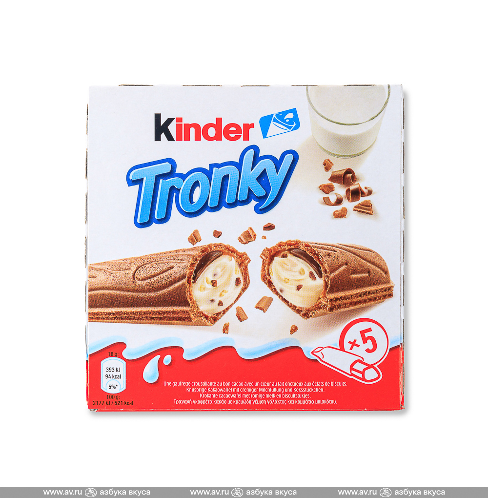 Изображение товара Батончик какао Tronky хрустящая палочка с начинкой из молочного шоколада, молока и бисквитной крошки, Kinder, 90 г, Германия Изображение товара Батончик какао Tronky хрустящая палочка с начинкой из молочного шоколада, молока и бисквитной крошки, Kinder, 90 г, Германия
