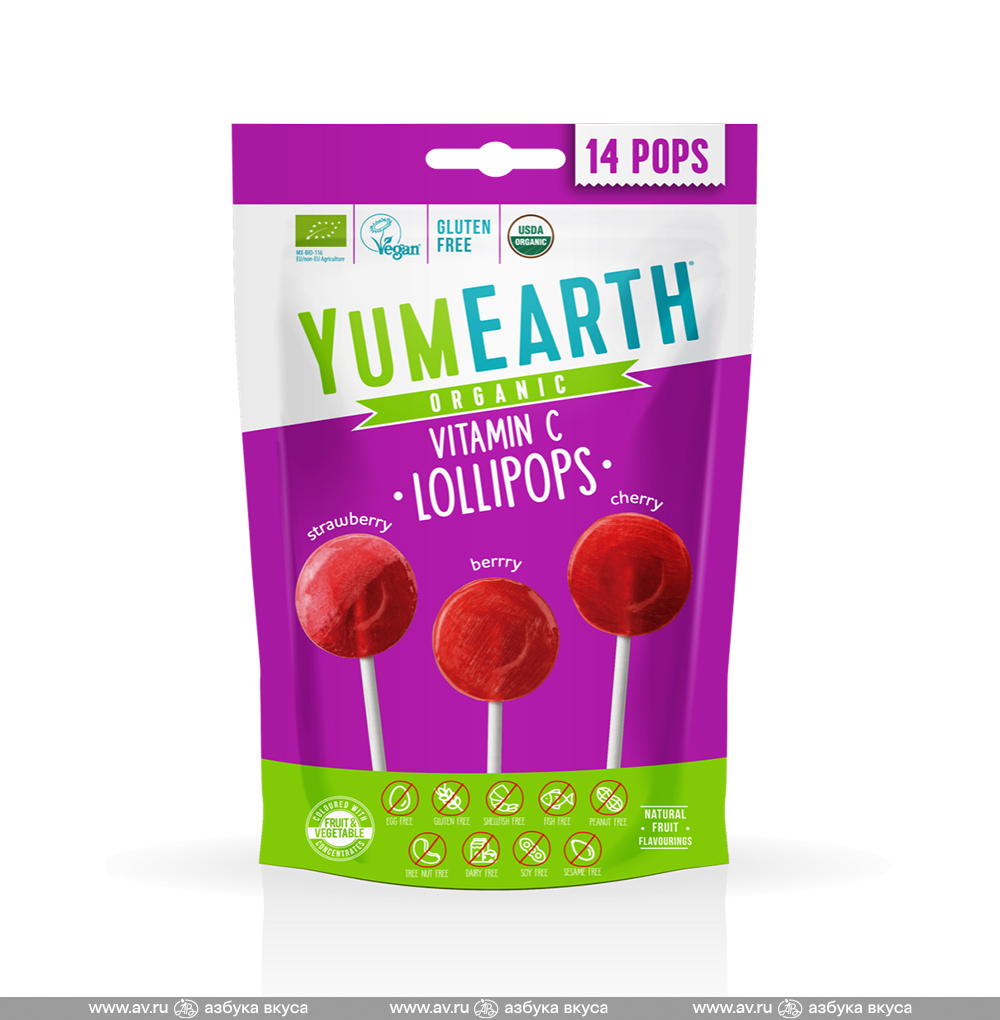 Изображение товара Карамель BIO Vitamin C Lollipops в ассортименте на палочке со вкусами клубника, вишня, малина, YumEarth, 87 г, Мексика Изображение товара Карамель BIO Vitamin C Lollipops в ассортименте на палочке со вкусами клубника, вишня, малина, YumEarth, 87 г, Мексика