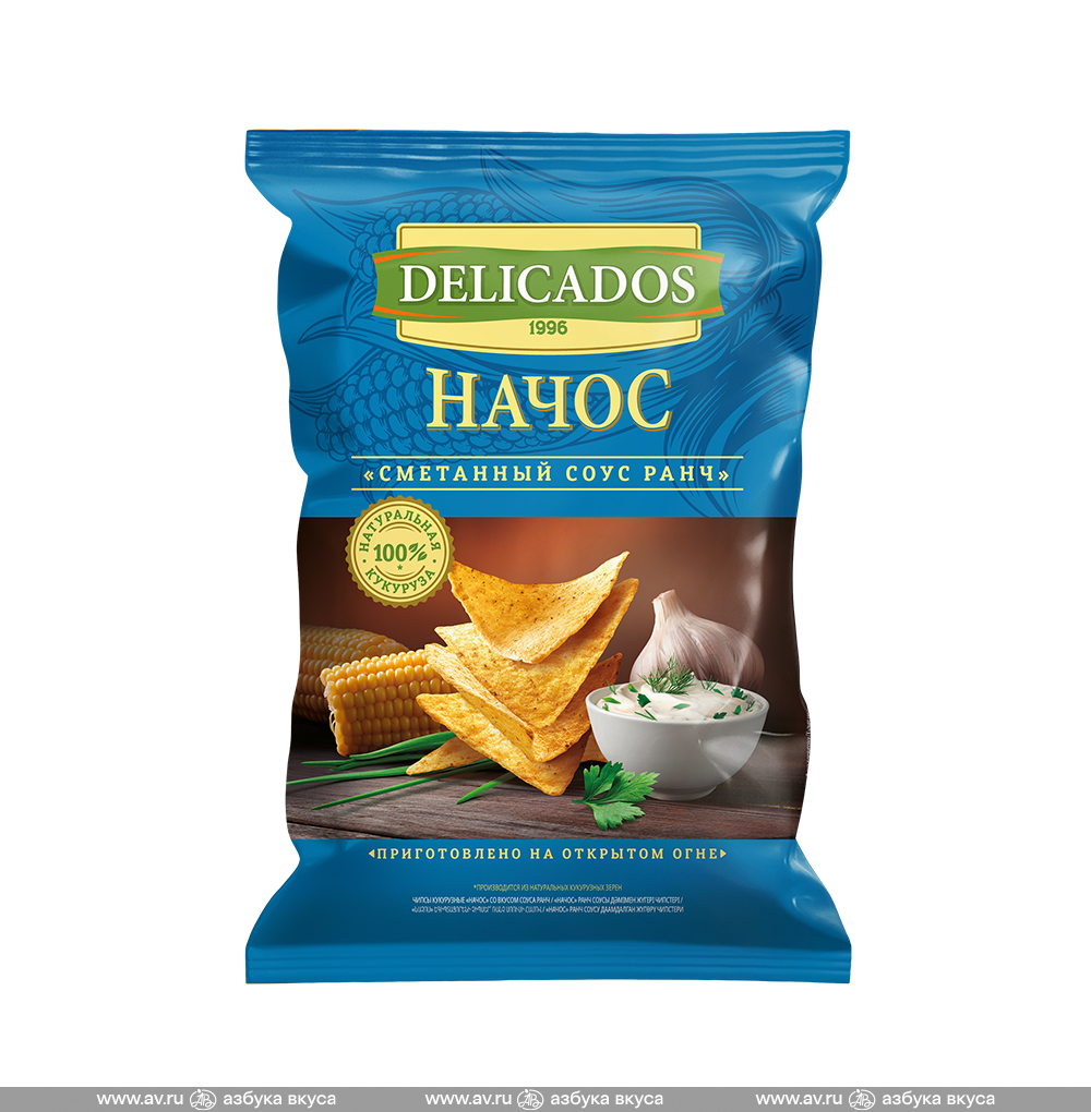Изображение товара Чипсы кукурузные Nachos со вкусом соуса «Ранч», Delicados, 150 г, Россия Изображение товара Чипсы кукурузные Nachos со вкусом соуса «Ранч», Delicados, 150 г, Россия