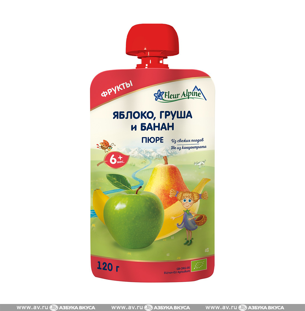 Изображение товара Пюре «Яблоко, груша и банан» с 6 месяцев, Fleur Alpine, 120 г, Великобритания Изображение товара Пюре «Яблоко, груша и банан» с 6 месяцев, Fleur Alpine, 120 г, Великобритания