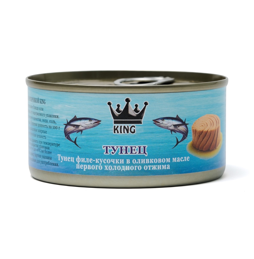 Изображение товара Тунец полосатый в оливковом масле филе-кусочки, KING, 185 г, Таиланд Изображение товара Тунец полосатый в оливковом масле филе-кусочки, KING, 185 г, Таиланд