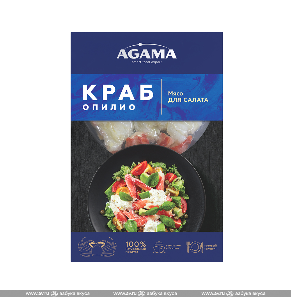 Изображение товара Краб опилио мясо для салата варёно-мороженое, Agama, 200 г, Россия Изображение товара Краб опилио мясо для салата варёно-мороженое, Agama, 200 г, Россия