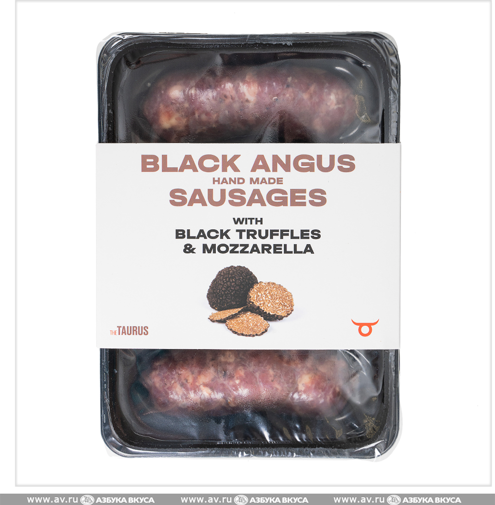 Изображение товара Колбаски из мраморной говядины Black Angus чёрным трюфелем и моцареллой охлаждённые, Taurus, 400 г, Россия Изображение товара Колбаски из мраморной говядины Black Angus чёрным трюфелем и моцареллой охлаждённые, Taurus, 400 г, Россия
