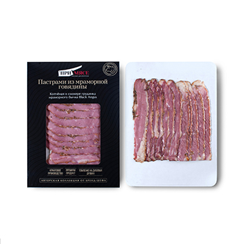 Изображение товара Пастрами из мраморной говядины, томлённая в смокере, «ПриМясе», 100 г, Россия