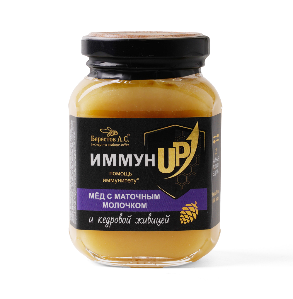 Изображение товара Мёд «ИммунUP» натуральный, с маточным молочком и кедровой живицей, «Берестов А.С.», 200 г, ст/б, Россия Изображение товара Мёд «ИммунUP» натуральный, с маточным молочком и кедровой живицей, «Берестов А.С.», 200 г, ст/б, Россия
