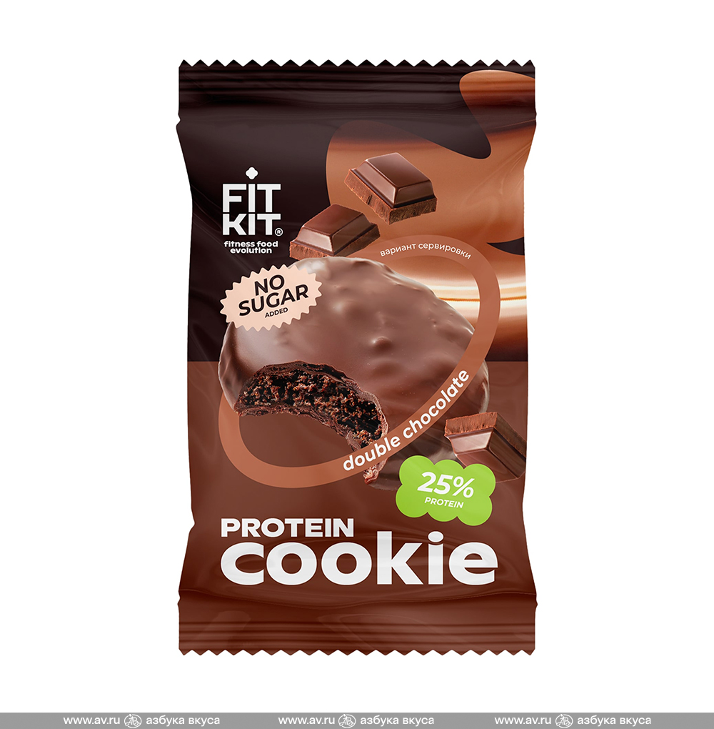 Изображение товара Печенье протеиновое Protein Cookie «Двойной шоколад» глазированное (без сахара), Fit Kit, 40 г, Россия