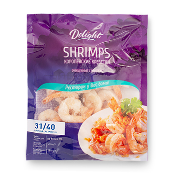 Изображение товара Креветки ваннамей DELIGHT варено-мороженые очищенные с хвостом 31/40 300г, Вьетнам