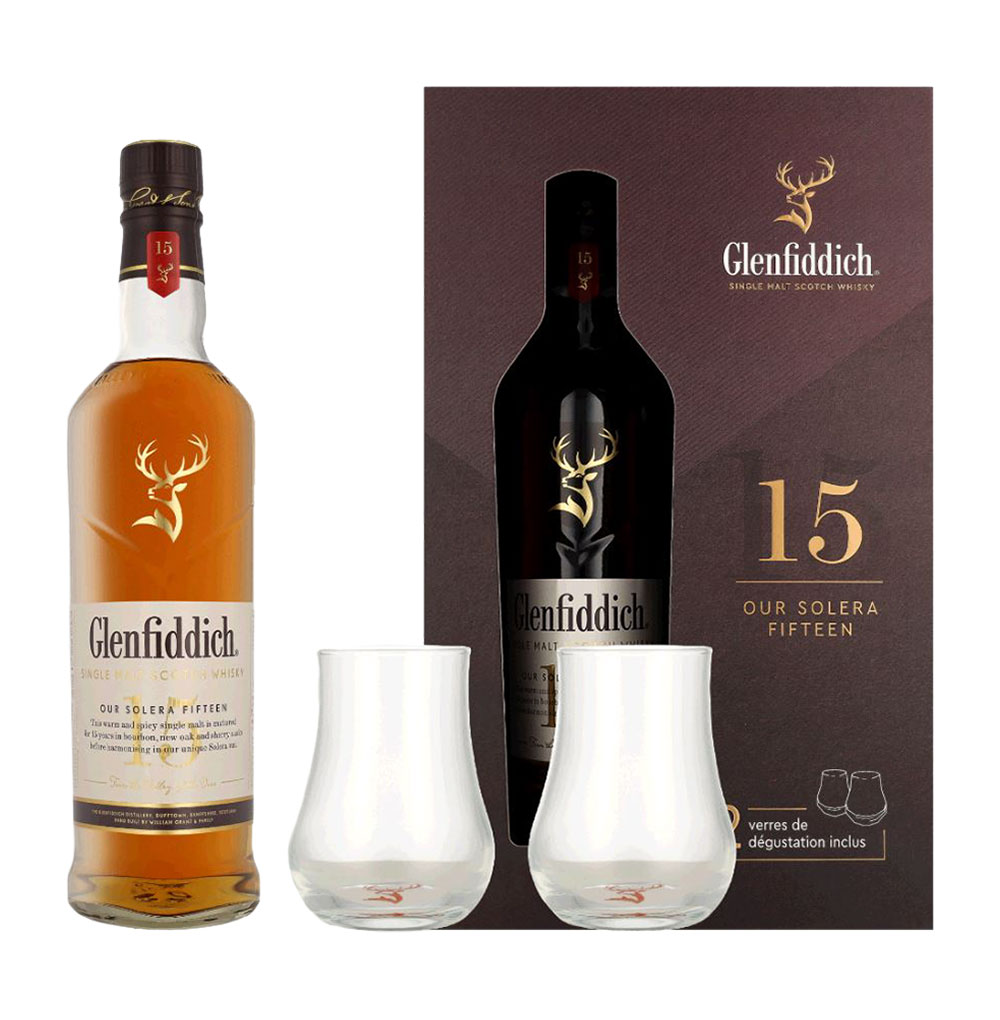 Изображение товара Виски шотландский Glenfiddich Speyside Single Malt 15 YO, 0.7 L, п/у + 2 бокала Изображение товара Виски шотландский Glenfiddich Speyside Single Malt 15 YO, 0.7 L, п/у + 2 бокала