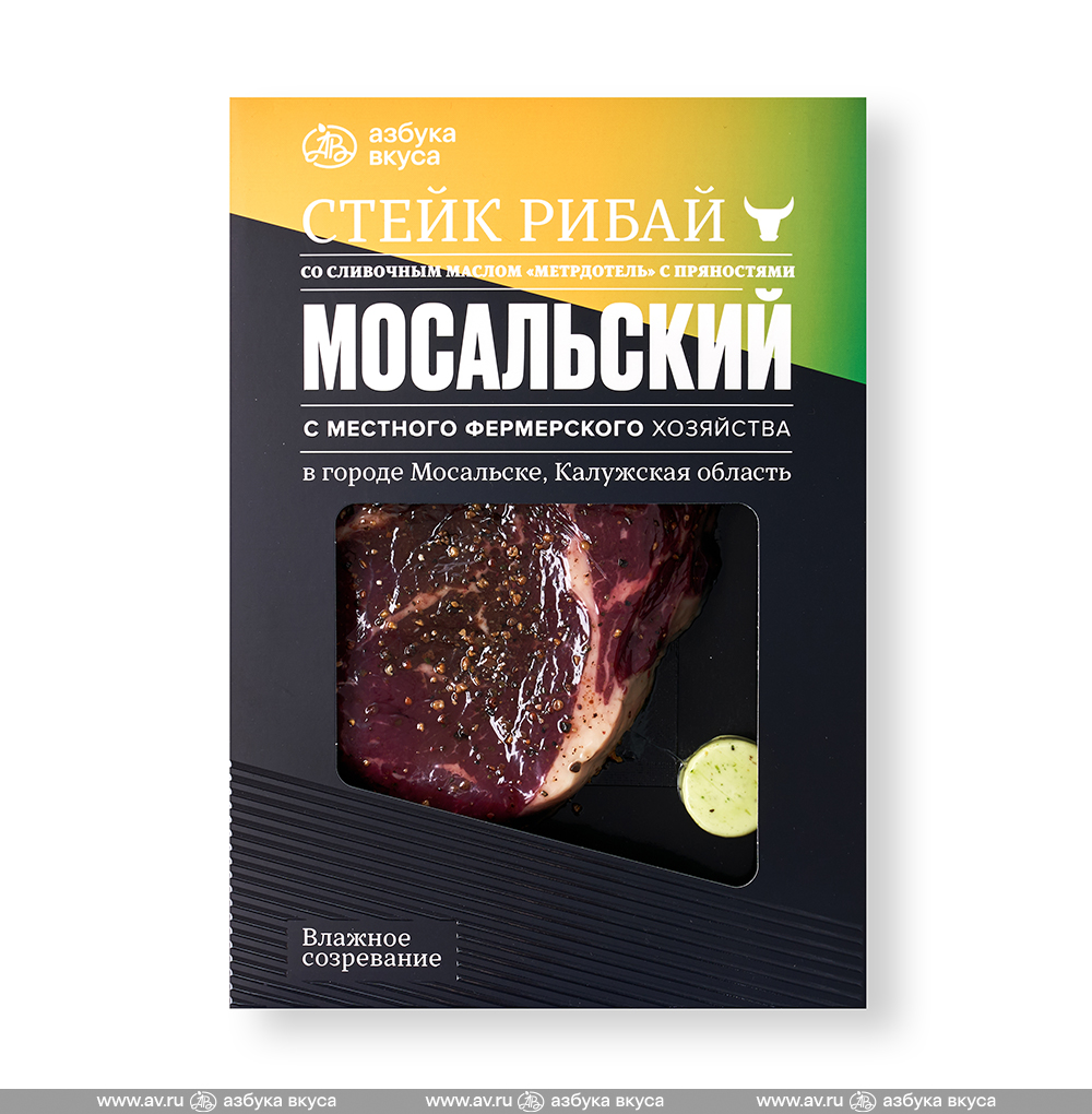 Изображение товара Стейк рибай из говядины с маслом «Метрдотель», «Мосальский», Россия Изображение товара Стейк рибай из говядины с маслом «Метрдотель», «Мосальский», Россия