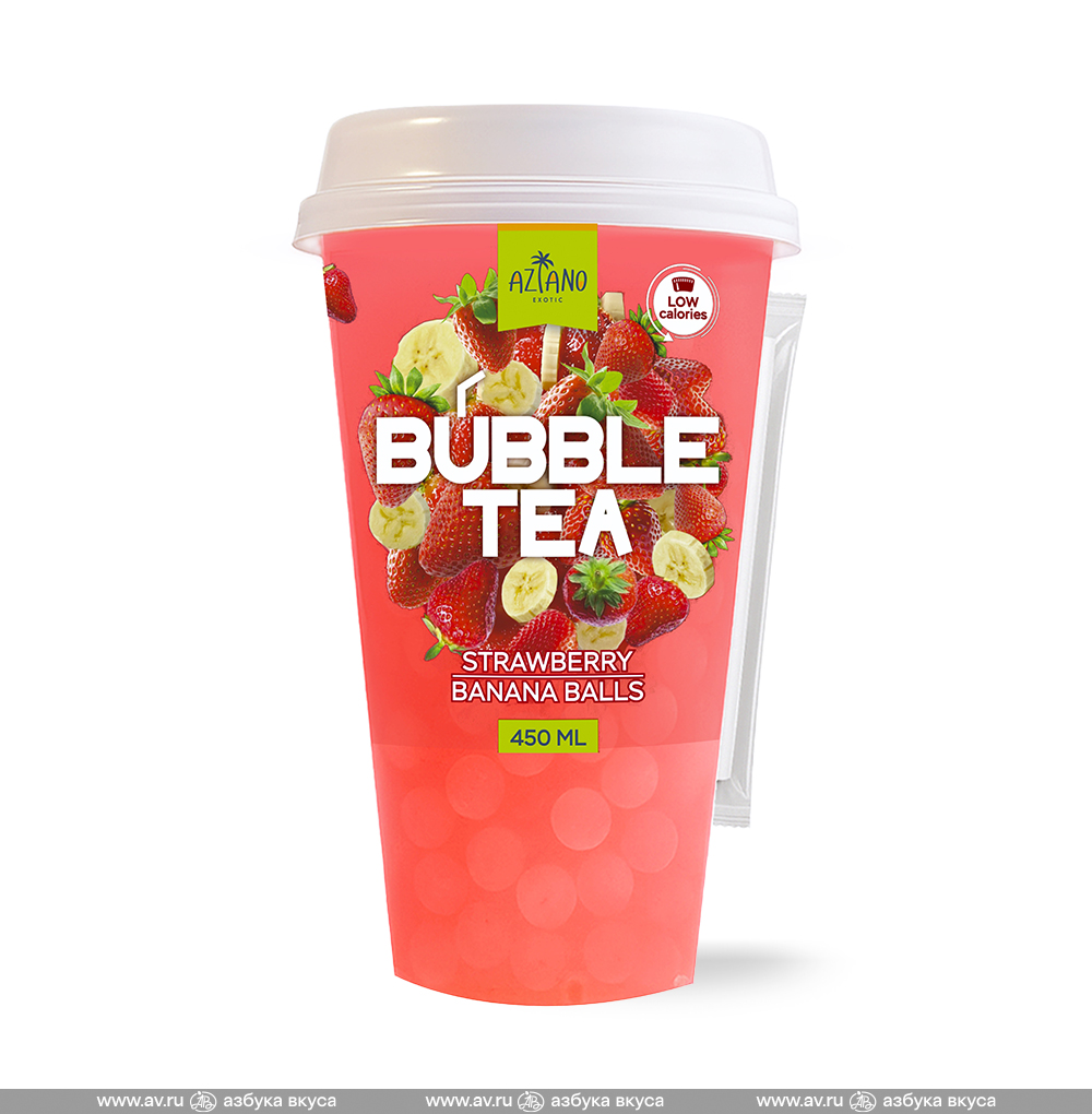Изображение товара Напиток безалкогольный негазированный Bubble Tea со вкусом клубники и джус боллами со вкусом банана, Aziano, 0.45 л, Россия Изображение товара Напиток безалкогольный негазированный Bubble Tea со вкусом клубники и джус боллами со вкусом банана, Aziano, 0.45 л, Россия