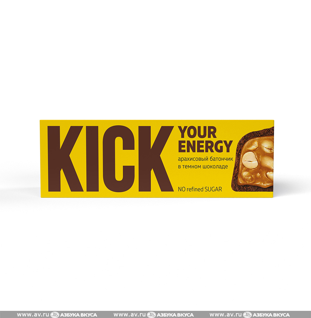 Изображение товара Батончик арахисовый в тёмном шоколаде, KICK Your Energy, 45 г, Россия Изображение товара Батончик арахисовый в тёмном шоколаде, KICK Your Energy, 45 г, Россия