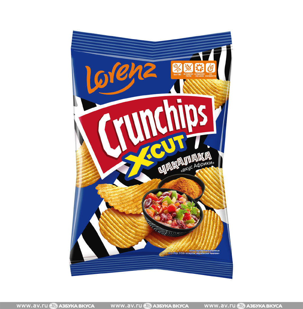 Изображение товара Чипсы картофельные Crunchips X-Cut рифлёные со вкусом африканской чакалаки, Lorenz, 70 г, Россия Изображение товара Чипсы картофельные Crunchips X-Cut рифлёные со вкусом африканской чакалаки, Lorenz, 70 г, Россия