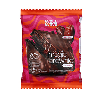 Изображение товара Пирожное протеиновое Magic Brownie fusion брауни глазированный в ассортименте (без сахара), Well Wave, 60 г, Россия