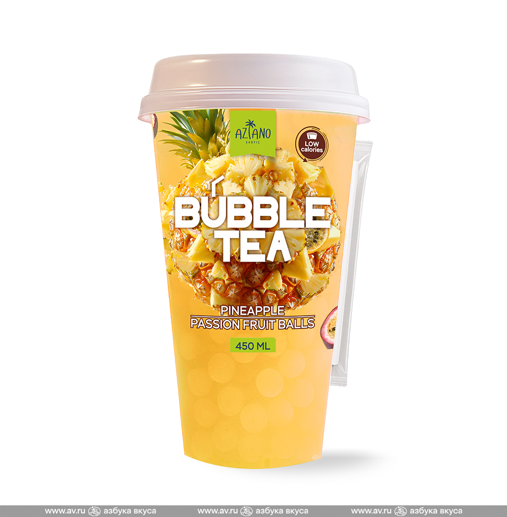 Изображение товара Напиток безалкогольный негазированный Bubble Tea со вкусом ананаса и джус боллами со вкусом маракуйи, Aziano, 0.45 л, Россия Изображение товара Напиток безалкогольный негазированный Bubble Tea со вкусом ананаса и джус боллами со вкусом маракуйи, Aziano, 0.45 л, Россия