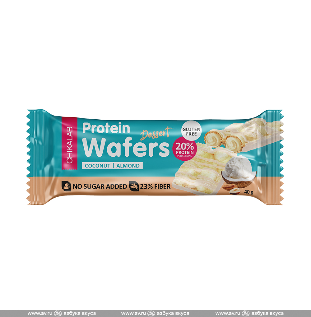 Изображение товара Батончик вафельный протеиновый Protein Wafers Кокосово-миндальный десерт (без сахара, без глютена), CHIKALAB, 40 г, Россия Изображение товара Батончик вафельный протеиновый Protein Wafers Кокосово-миндальный десерт (без сахара, без глютена), CHIKALAB, 40 г, Россия