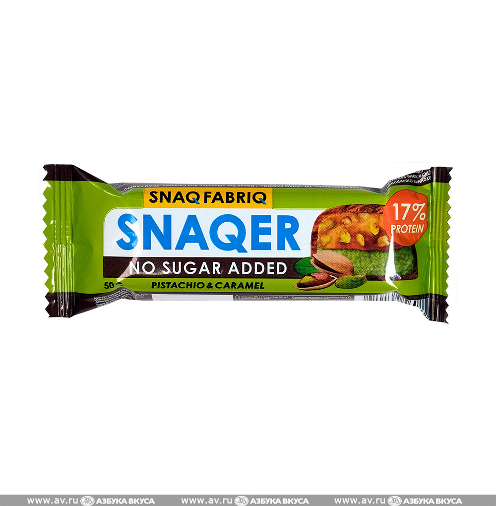 Изображение товара Батончик протеиновый глазированный SNAQER «Фисташка и карамель» без сахара, SNAQFABRIQ, 50 г, Россия